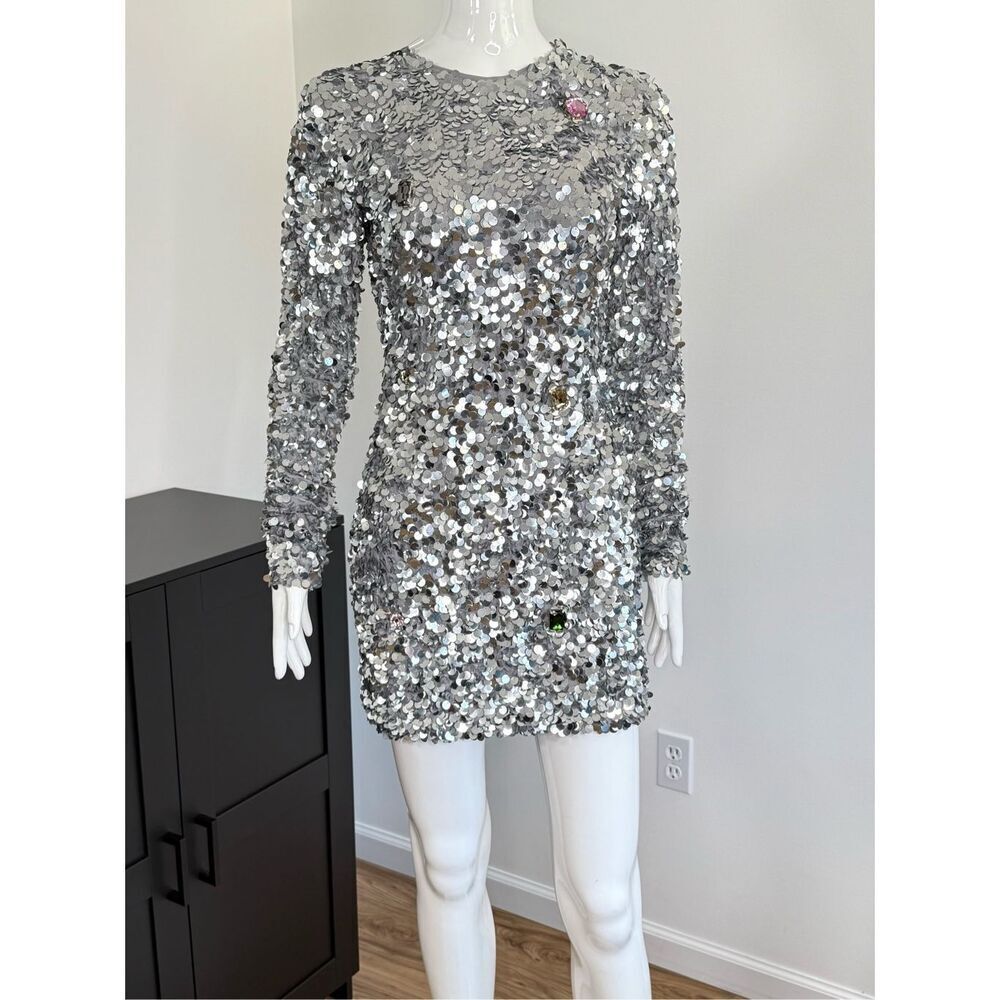 Cynthia Rowley Womens Sequin & Rhinestone Embellished Mini Dress Silver Sz 4 - Picture 5 of 12